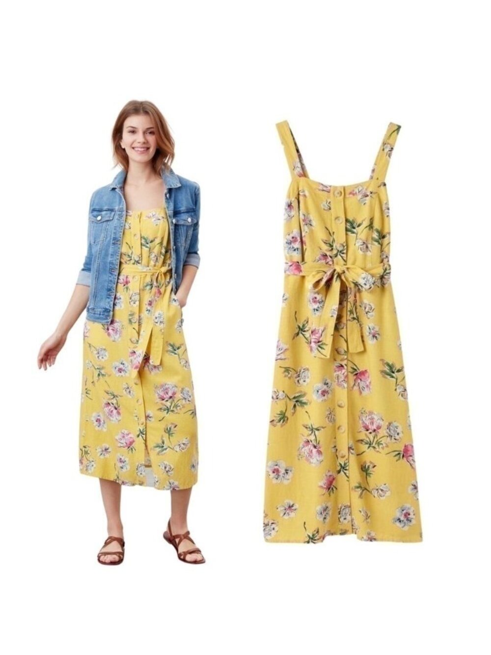Joules Kimia Linen Lemon Floral Button Down Pockets Sleeveless Midi Dress Size 4